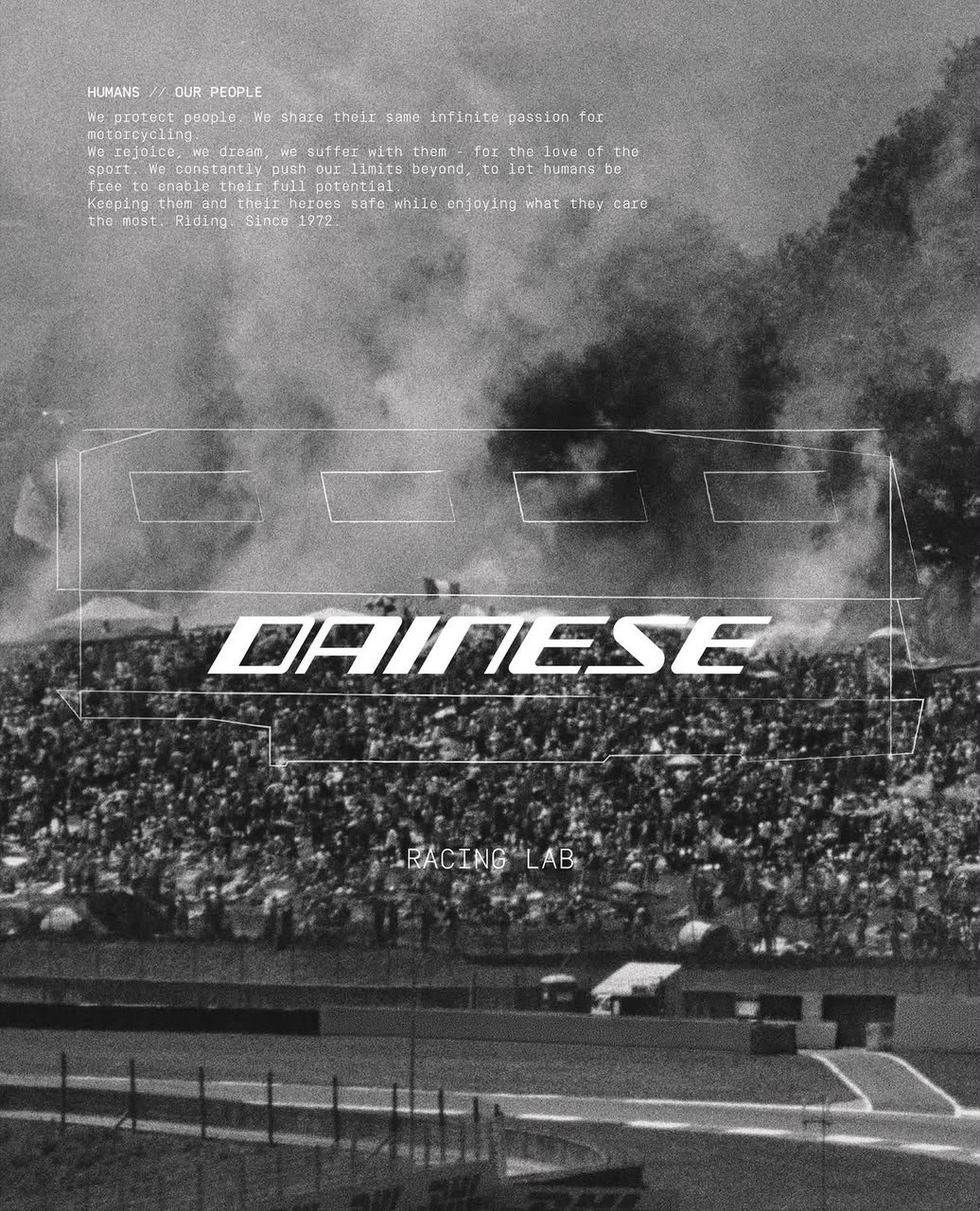Dainese Racing Lab poster over a packed race circuit grandstand